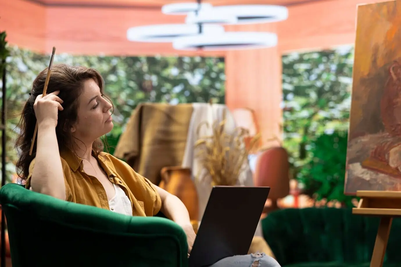 Eine Künstlerin sucht am Laptop nach neuer Inspiration fürs Malen.